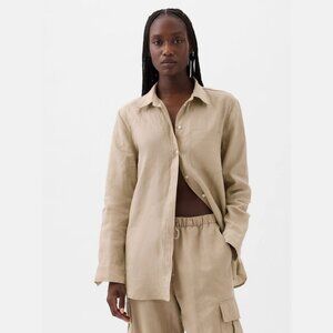 GAP 100% Linen Long Sleeve Oversized Boyfriend Shirt Iconic Khaki
